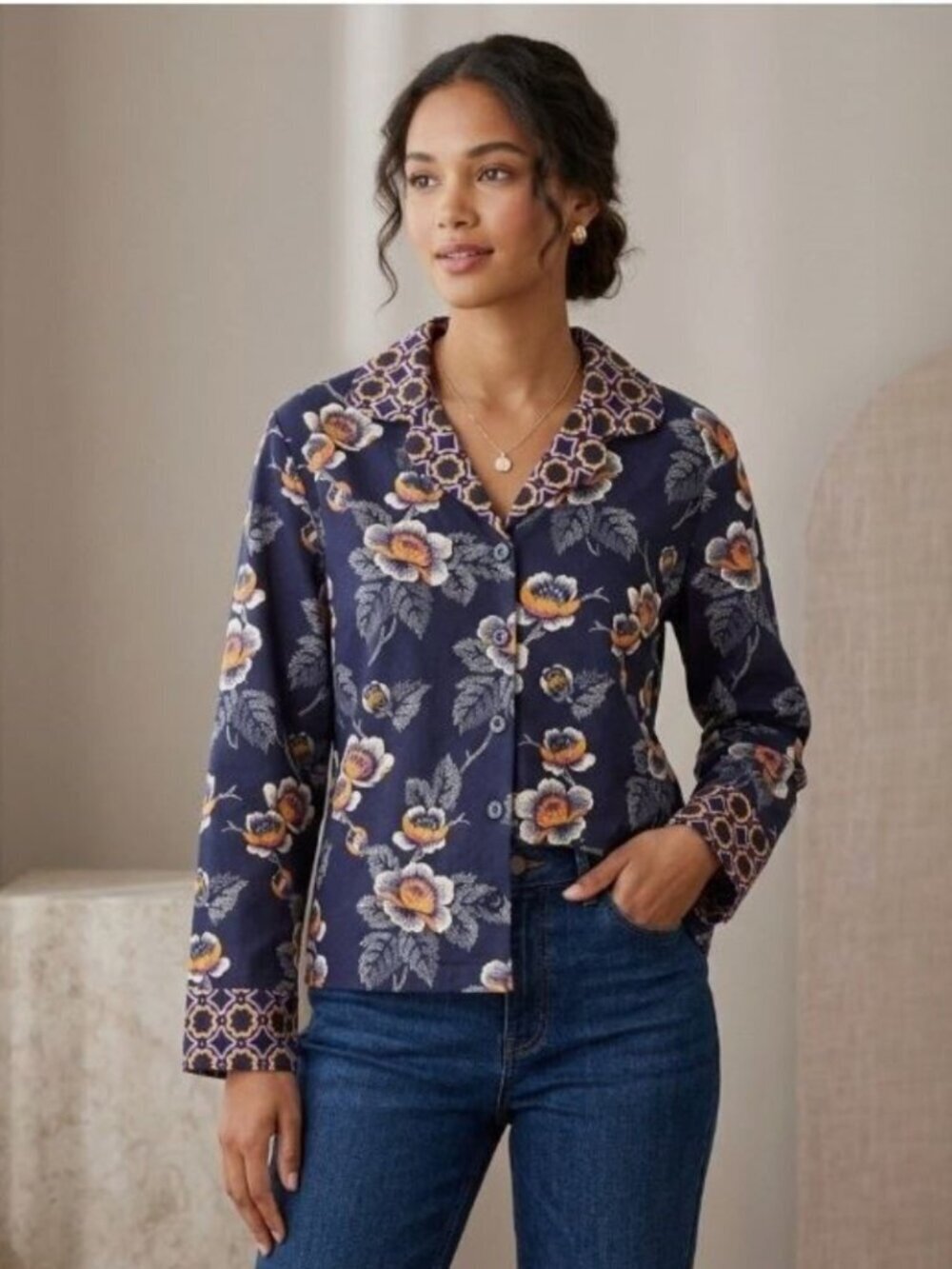 Vera Bradley Women's Floral Paisley Button Front Blouse Navy Blue Cotton XL EUC